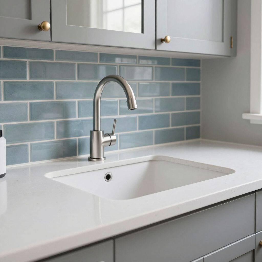 Kitchen sink with light blue tile backsplash, stainless faucet, and white countertop. Grey cabinets.