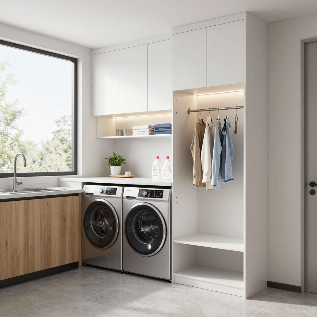 Laundry room with a washer, dryer, sink, cabinets, and hanging clothes.