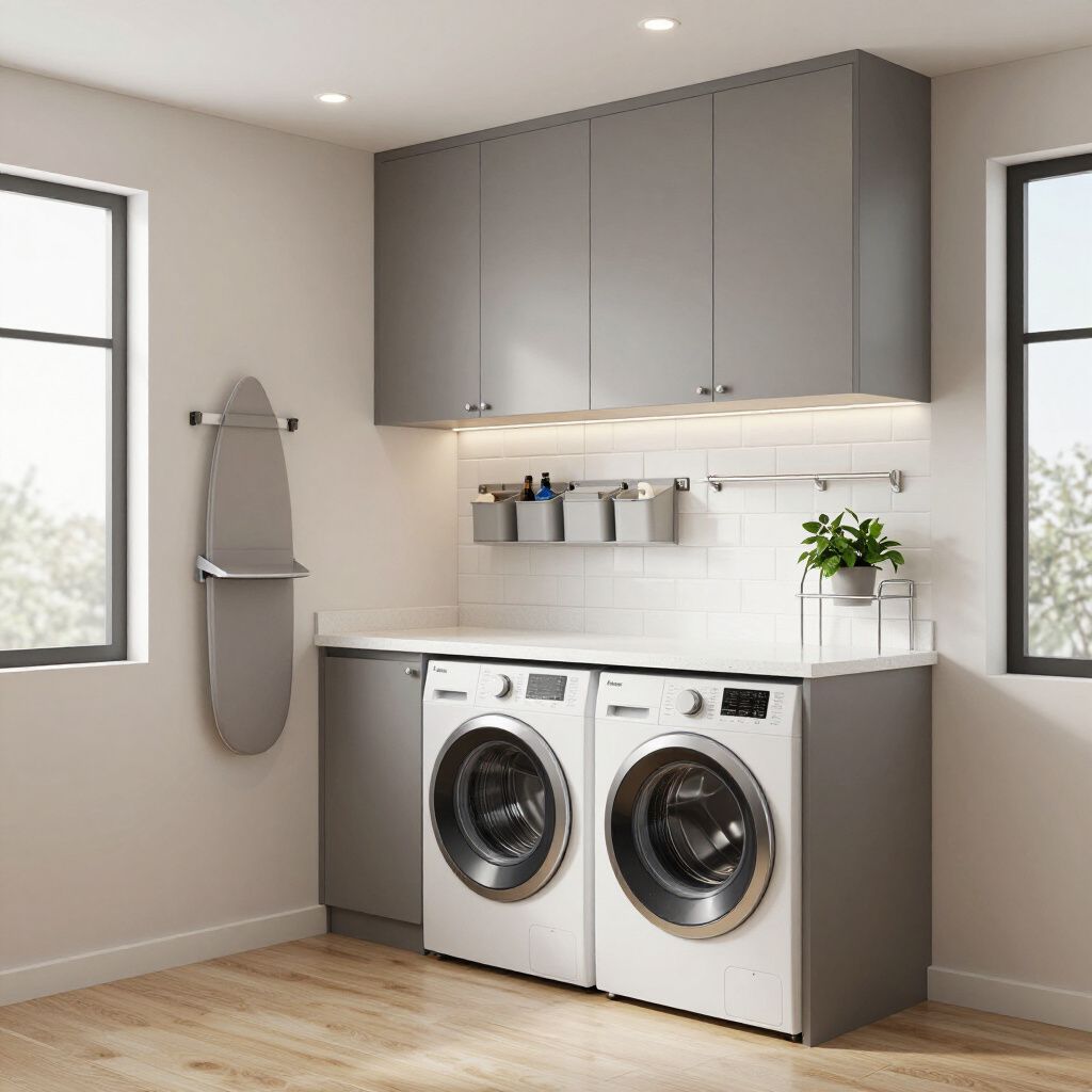 Laundry room with gray cabinets, white appliances, ironing board, and windows.