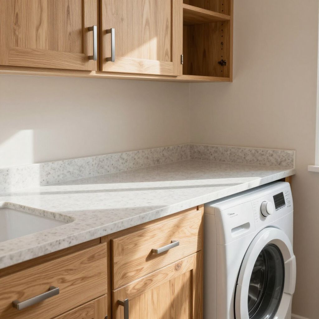 Laundry room with light wood cabinets, white countertops, and a washing machine.