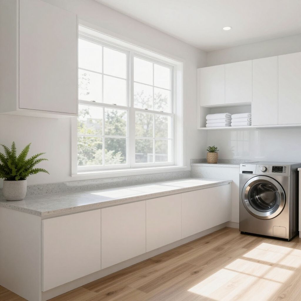 Bright white laundry room with large window, cabinets, and a washing machine.