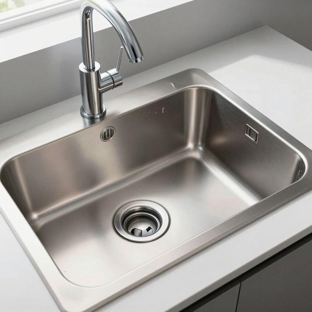 Stainless steel kitchen sink with faucet, set in a white countertop, next to a window.