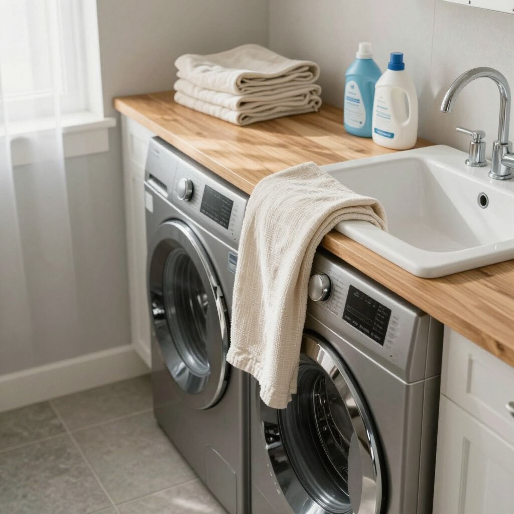 Laundry room with washer, dryer, sink, folded towels, and detergent bottles on a wooden countertop.