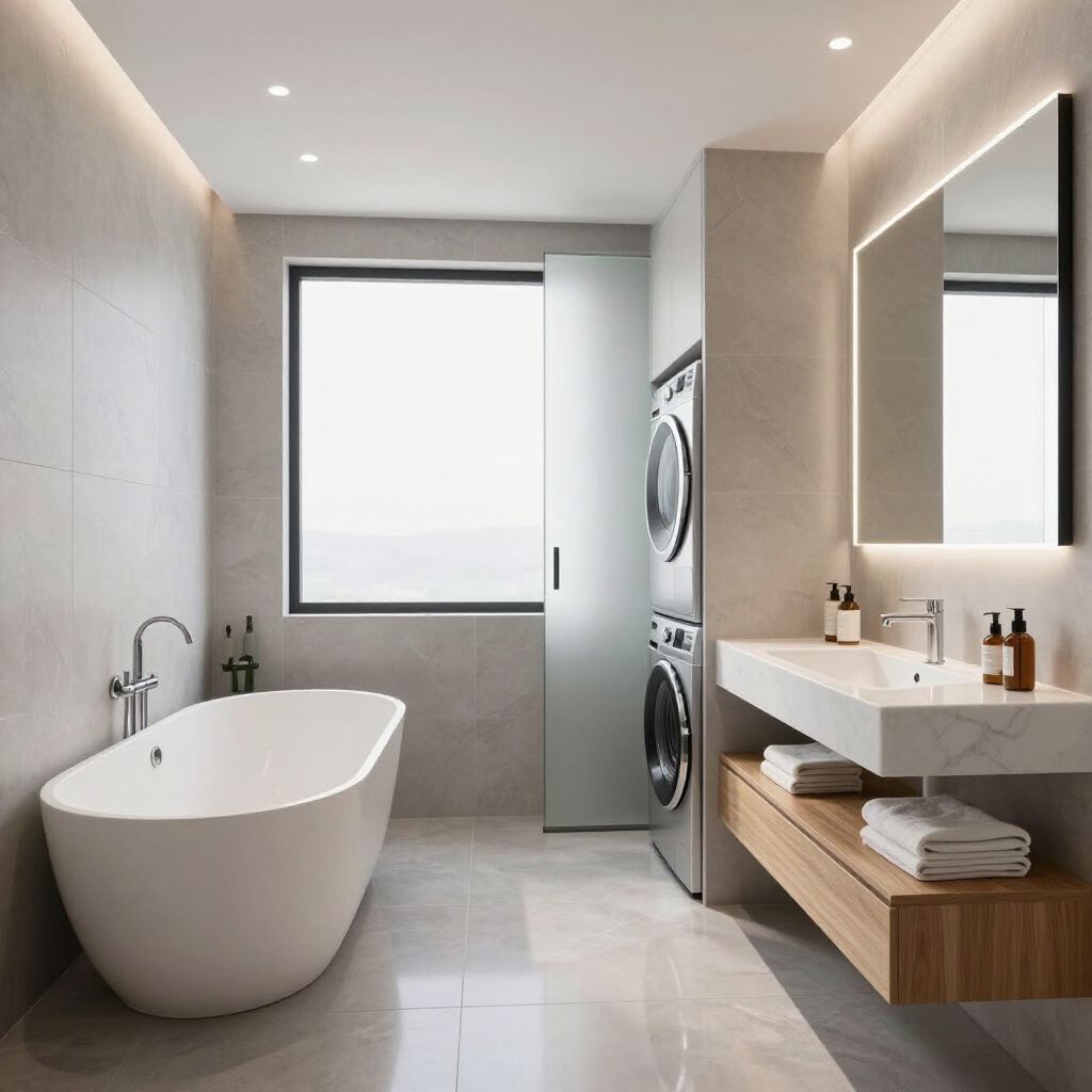 Modern bathroom with a bathtub, floating sink, and washer/dryer hidden behind a sliding door. Neutral tones.