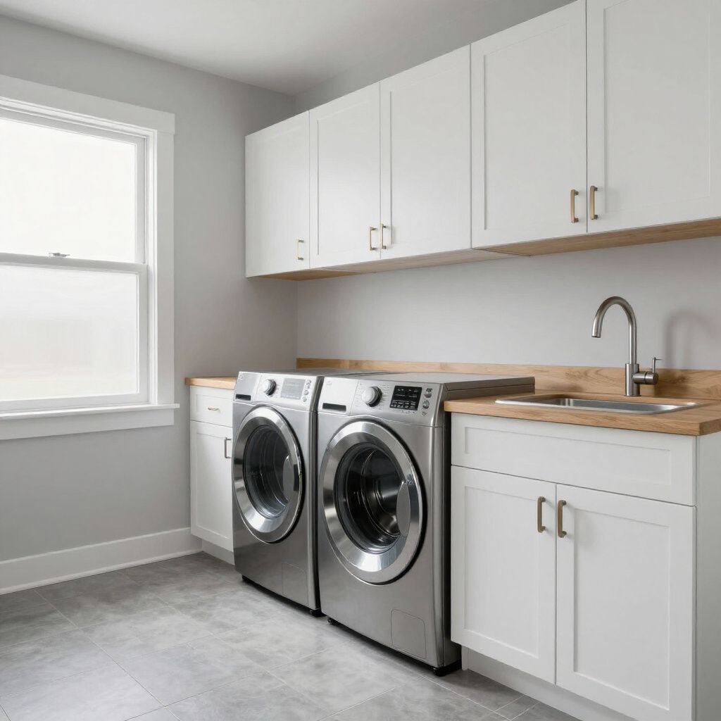 Laundry room with white cabinets, stainless steel machines, and a sink.