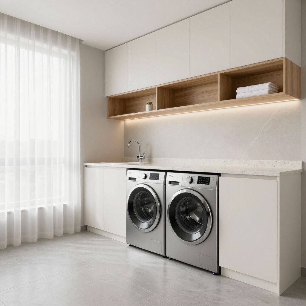 Modern laundry room with white cabinets, silver appliances, and a window with sheer curtains.