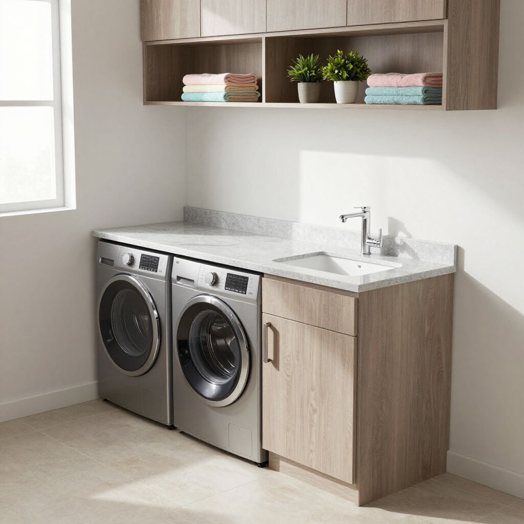 Laundry room with washing machine, sink, and cabinets. Neutral colors.