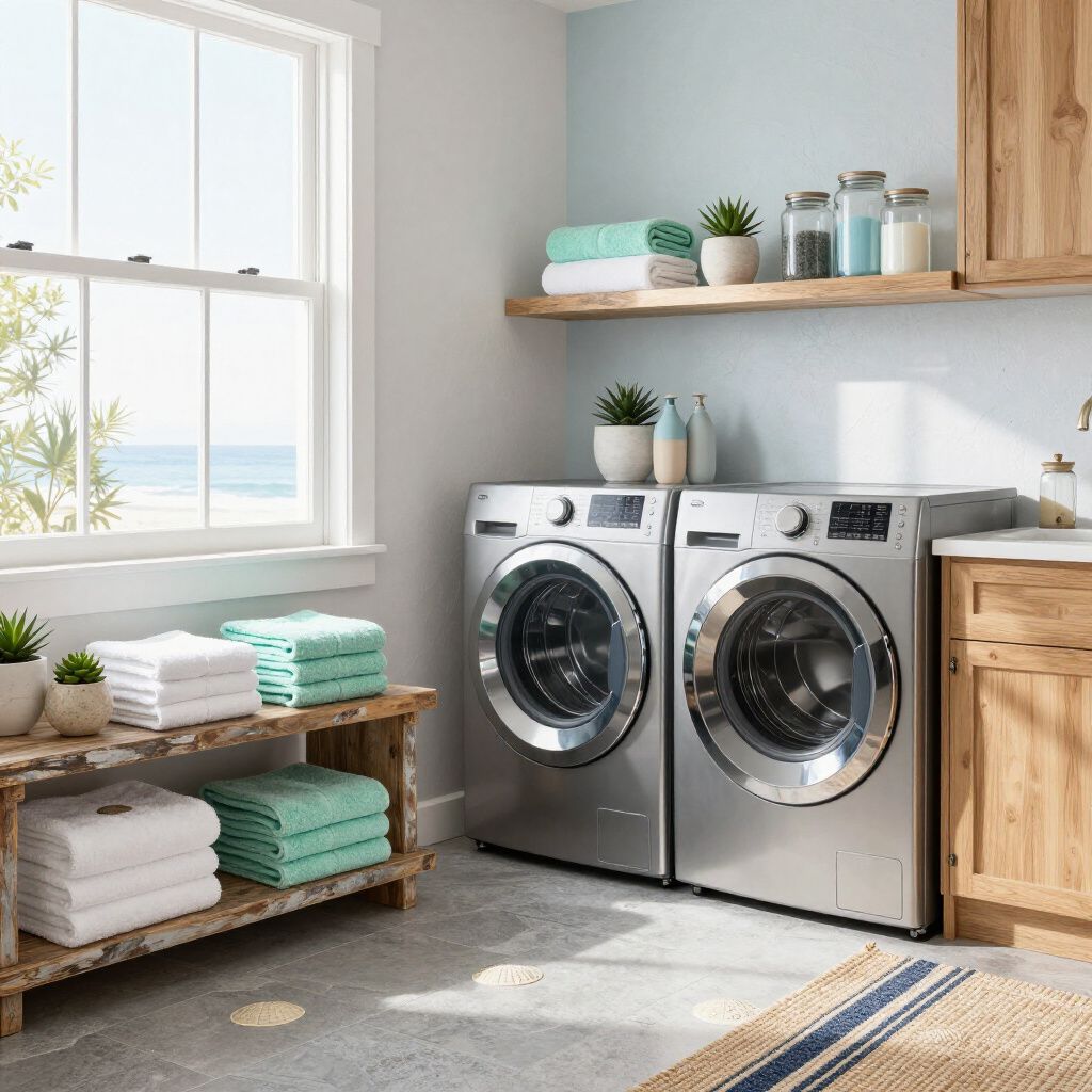 Laundry room with stainless steel washer and dryer, wooden shelves with towels and plants, and a window.