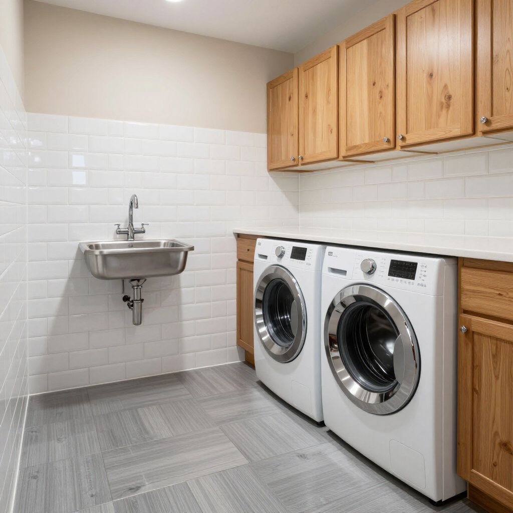 Laundry room with white appliances, cabinets, and sink; gray tiled floor and subway tile walls.