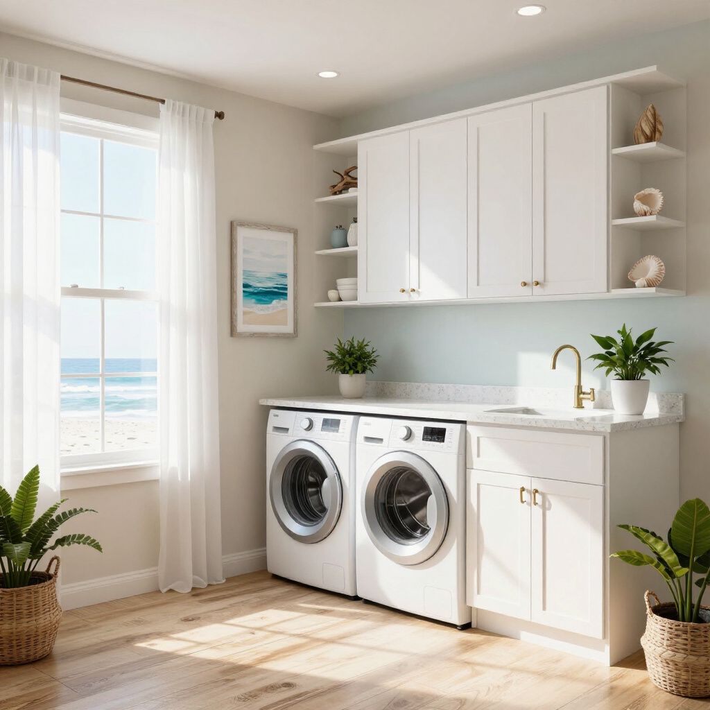 Laundry room with a washer, dryer, sink, and white cabinets. Ocean view through a window.