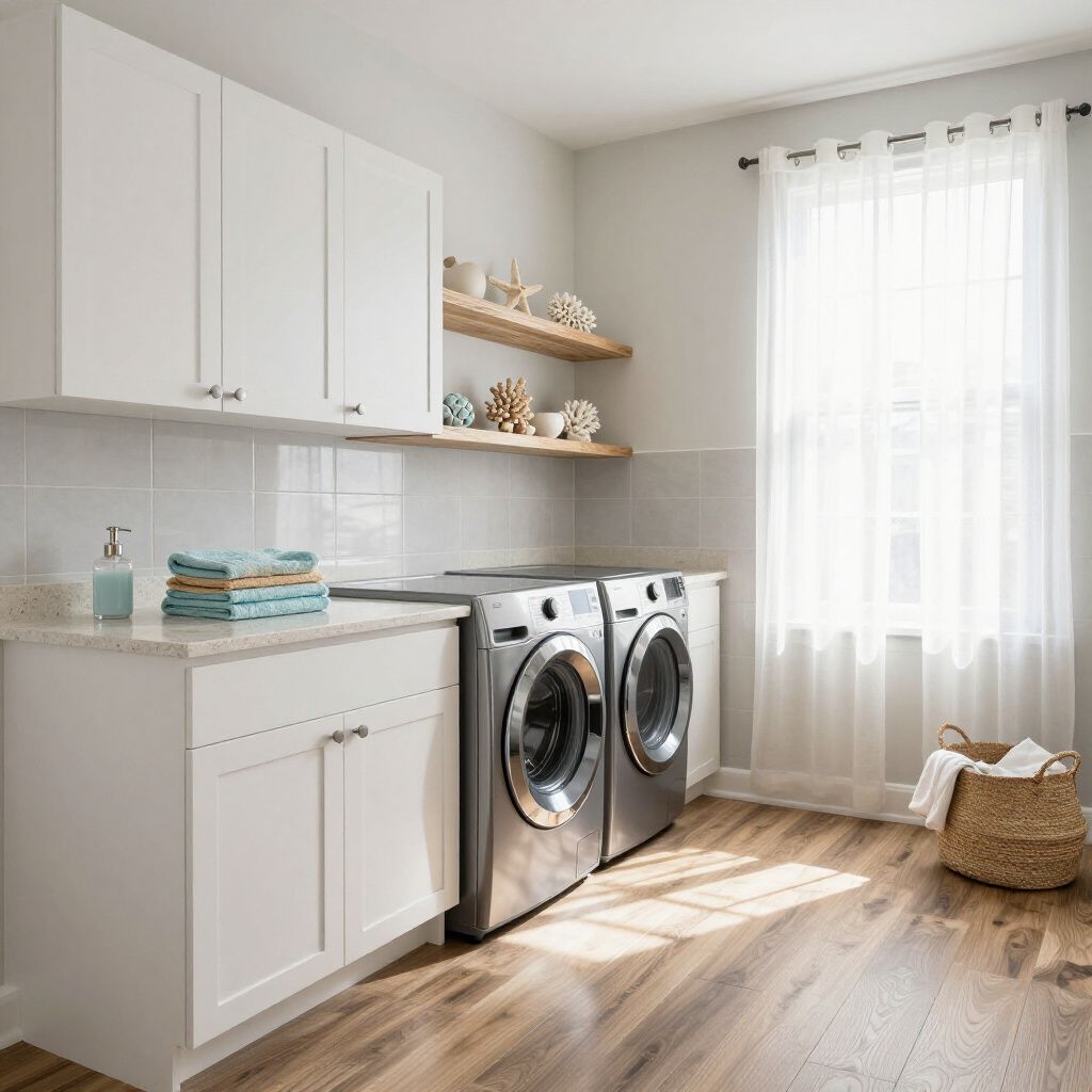 Laundry room with white cabinets, stainless steel washer/dryer, wooden shelves, and a window.