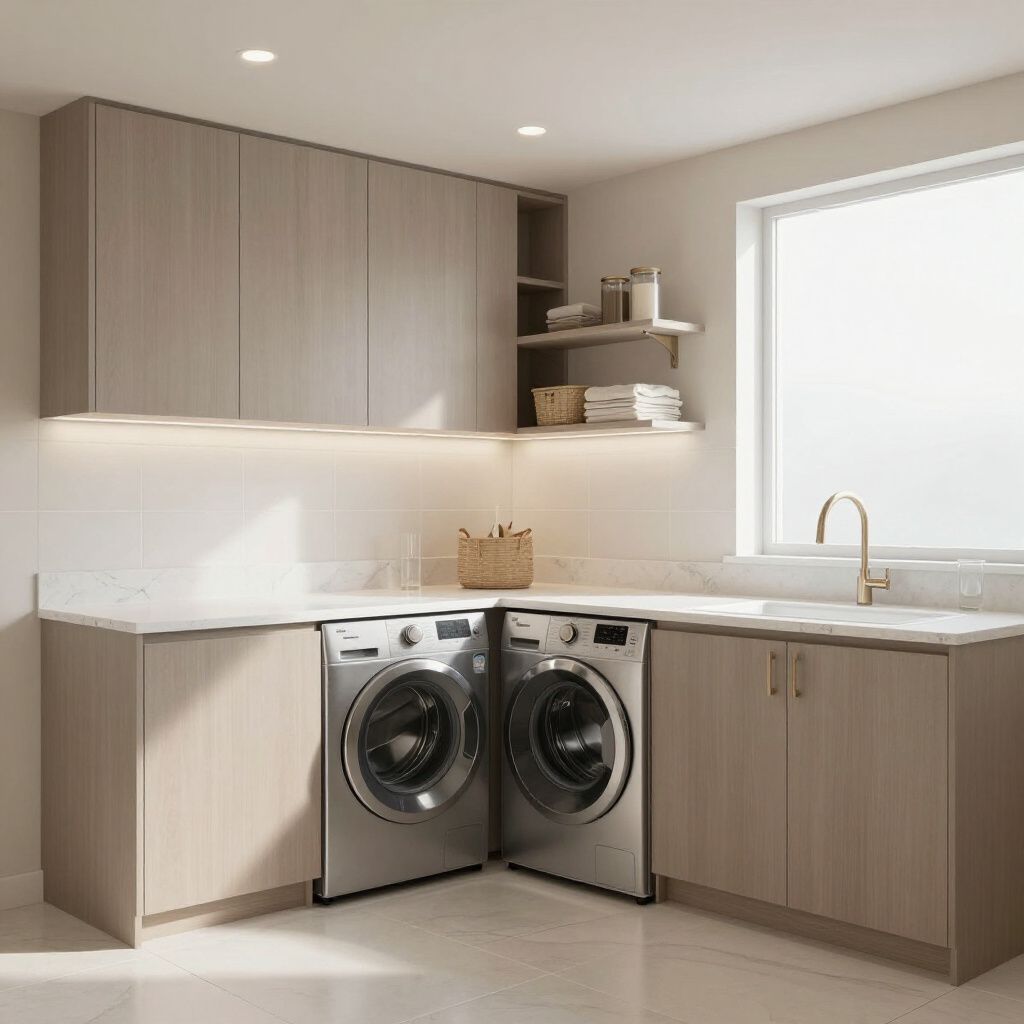 Laundry room with two front-load washers, countertop, and cabinets. Sunlight streams in from the window.