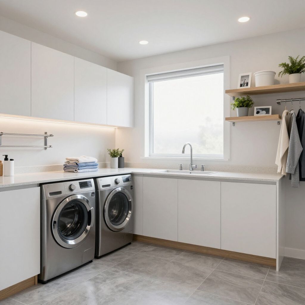 Modern white laundry room with washer, dryer, sink, window, and wood shelves with plants.