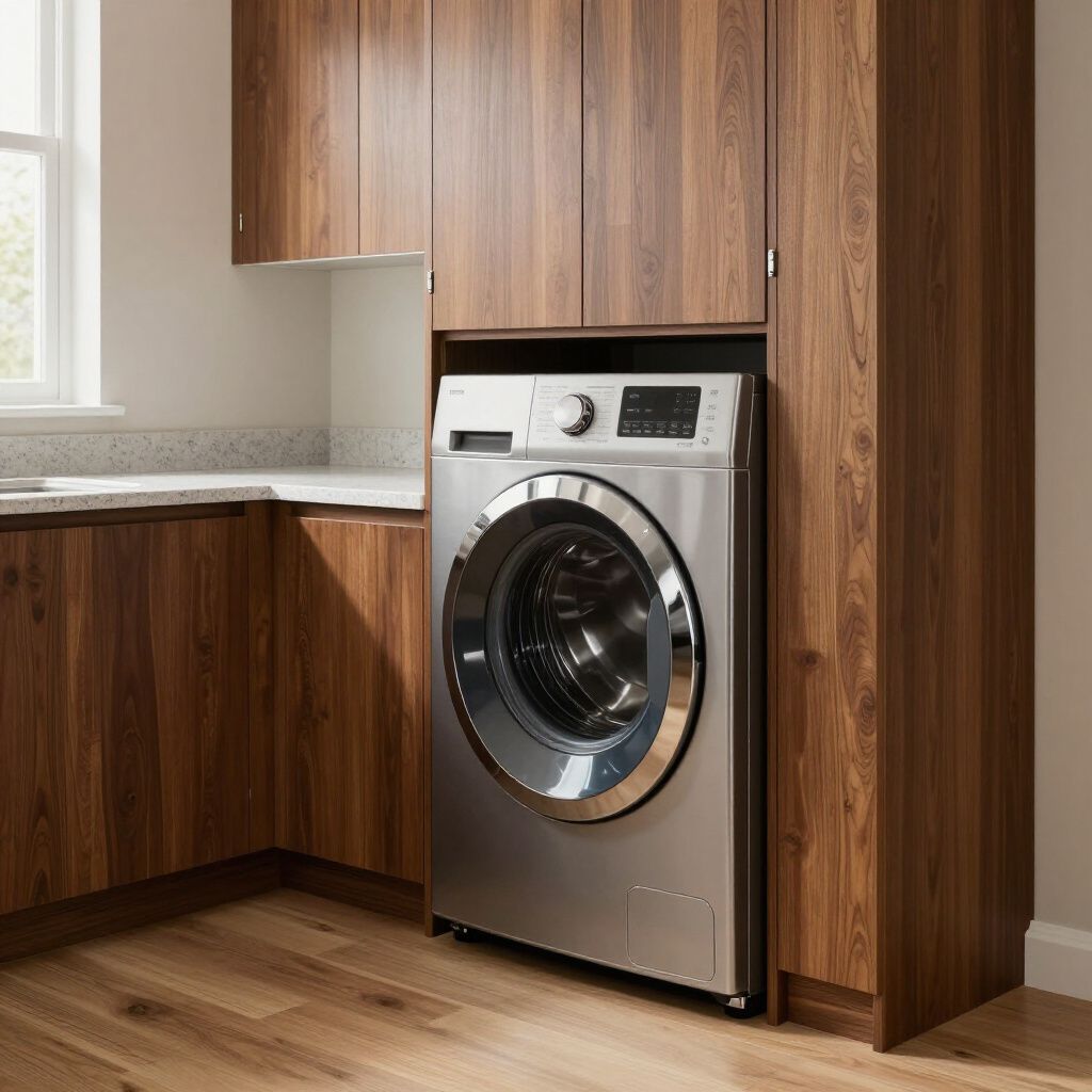 Washing machine in a built-in cabinet, with dark wood doors and light countertops.