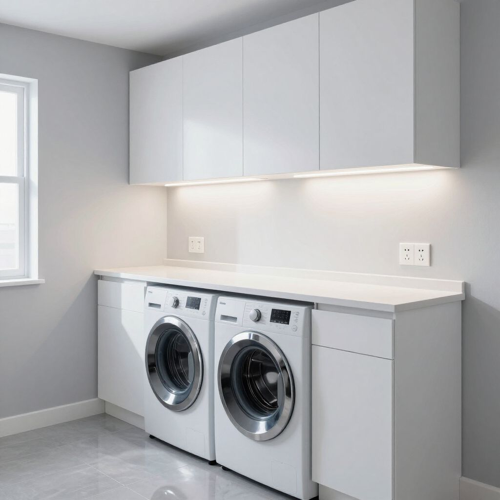 A modern laundry room with white cabinets, washing machines, and countertop, lit by overhead lights.