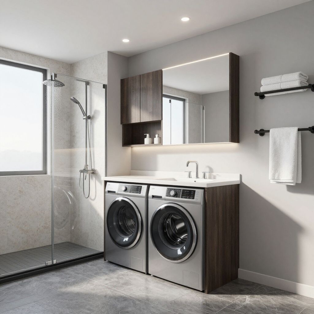Modern laundry room with washing machines, shower, vanity with mirror, and towel racks.