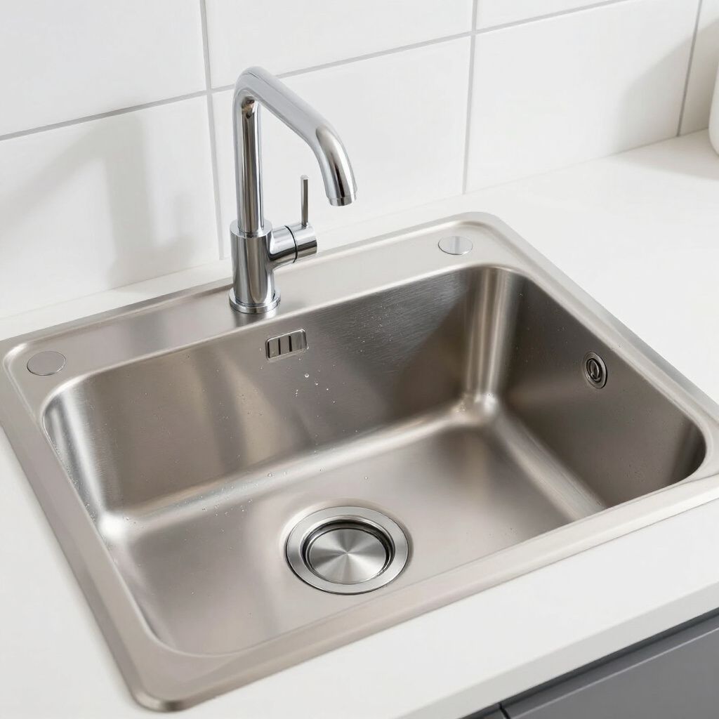 Stainless steel kitchen sink with faucet, set in a white countertop against white tiled wall.