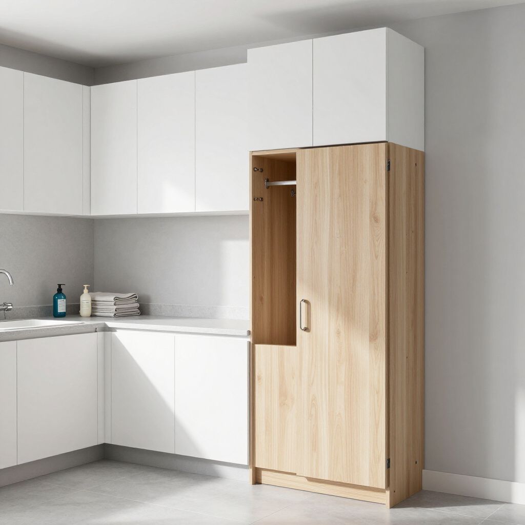 A wooden cabinet with a hanging section in a white-walled room with a countertop and sink.