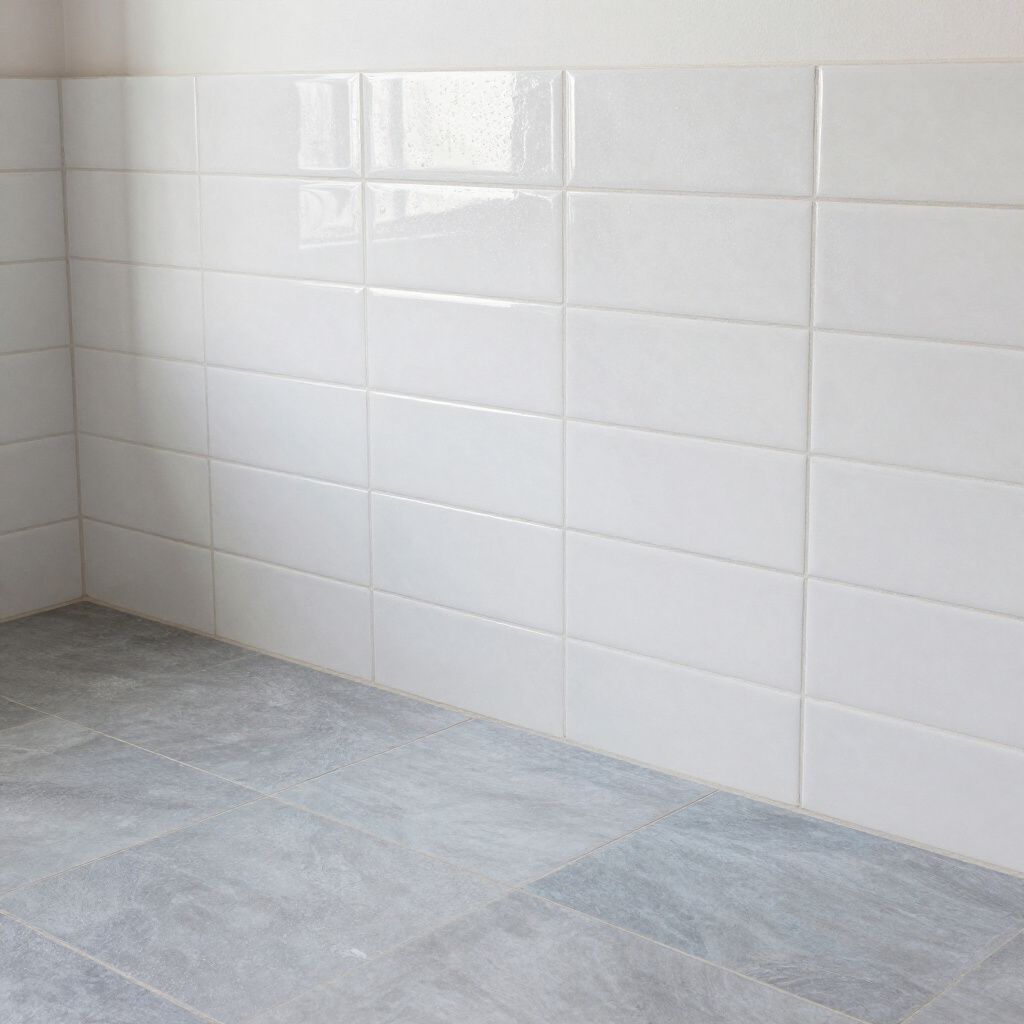 White tiled wall and gray tiled floor in an empty room, creating a clean, minimalist space.