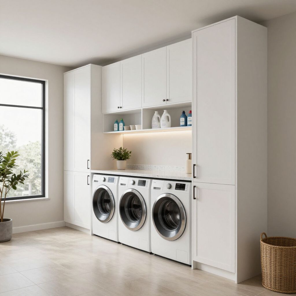 White laundry room with three washers, cabinets, and a window.