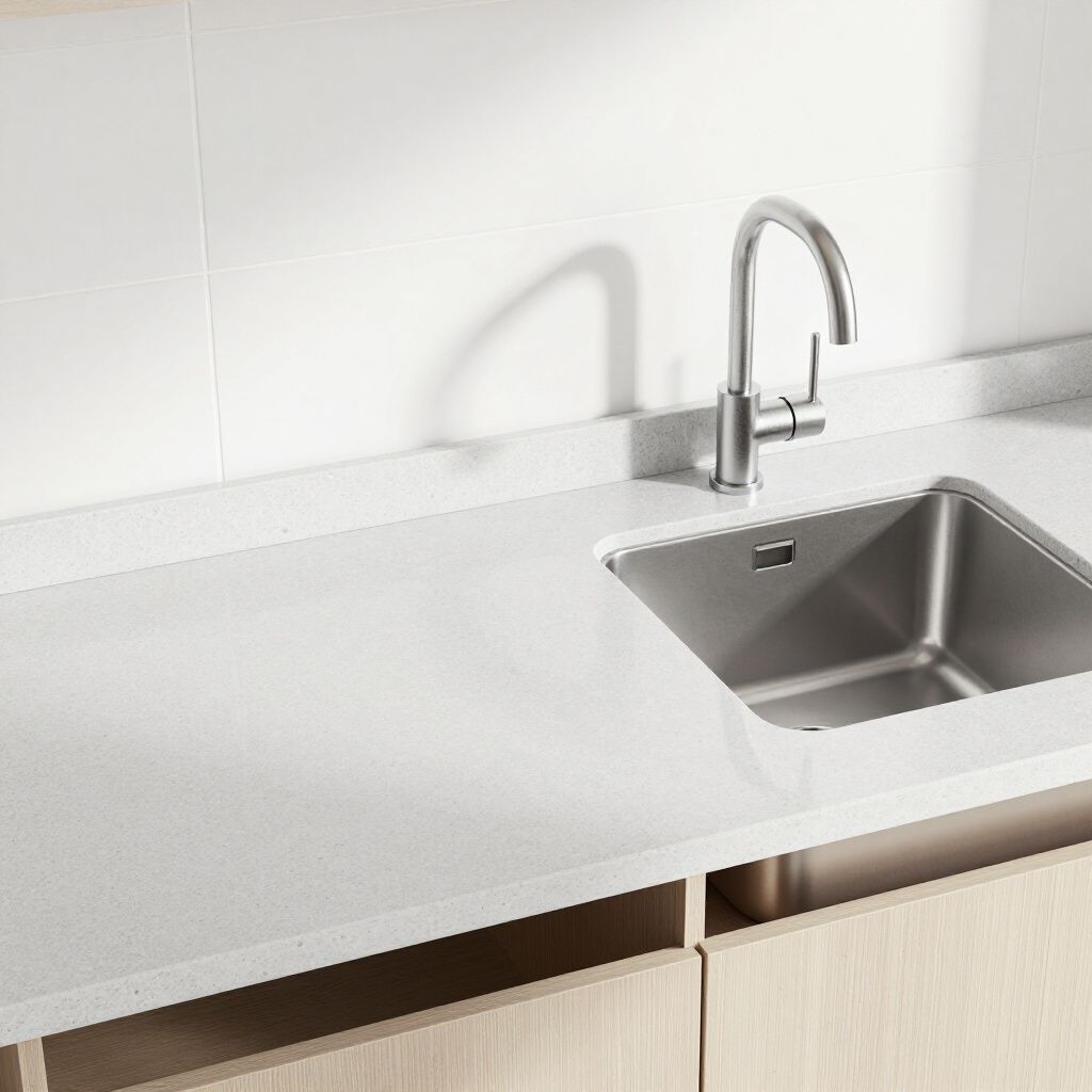 Kitchen sink with faucet, white countertop, and light-colored cabinets.