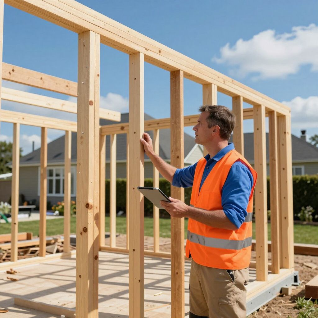 Construction worker inspects wooden frame, wearing a safety vest, holding tablet on sunny day.