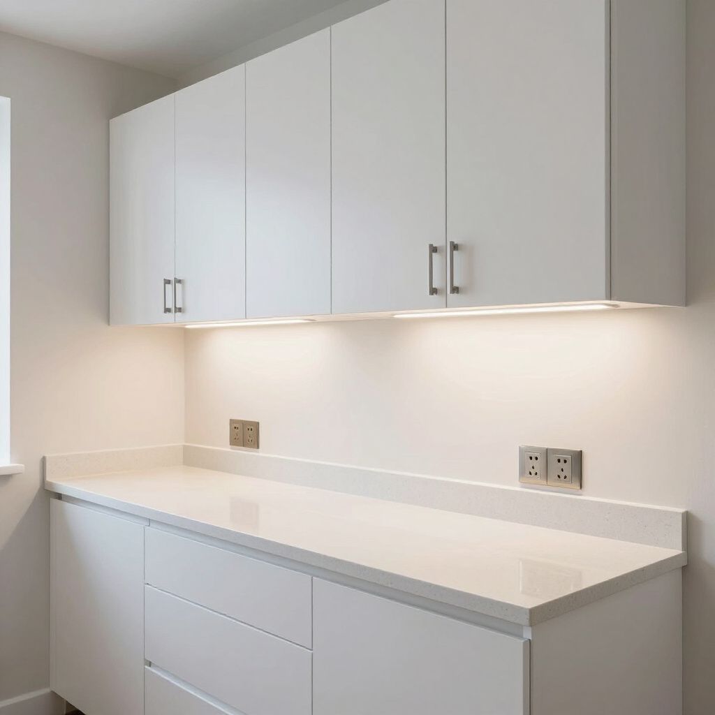White cabinets with countertop and under-cabinet lighting.