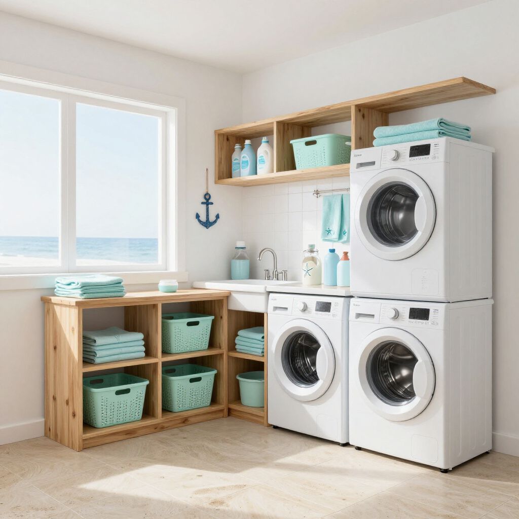 Laundry room with washer and dryer, wooden shelves, turquoise baskets, and a window with a beach view.