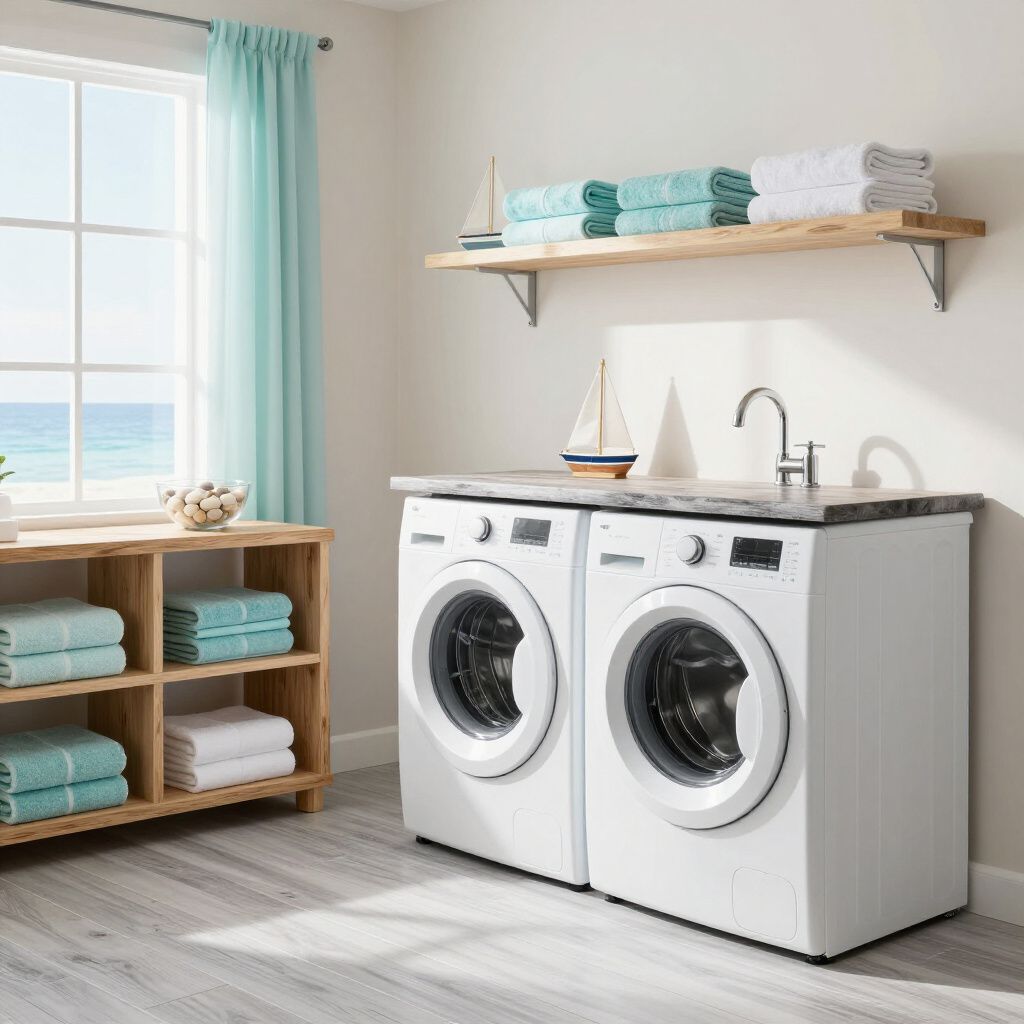 Laundry room with white washer and dryer, sink, shelves with towels, and window with ocean view.