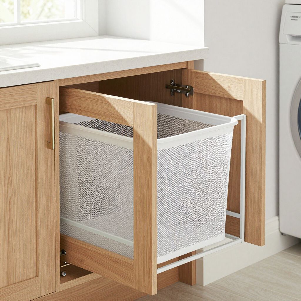 Pull-out laundry hamper in a cabinet. White wire basket, oak cabinet, near a washing machine.
