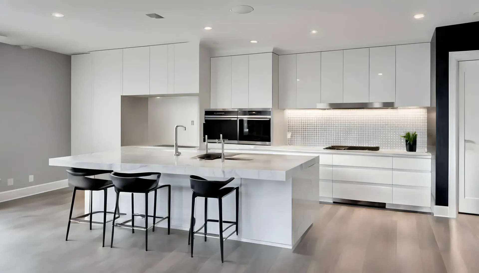 Modern white kitchen with island and black stools.