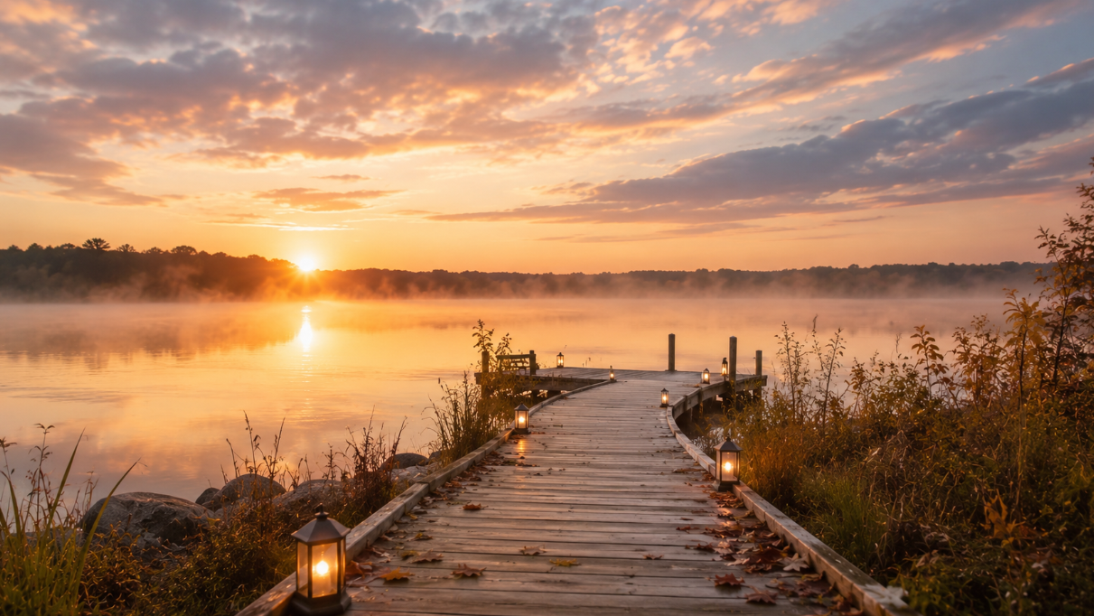 Serene lakeside dock at sunrise with glowing lanterns and calm misty water, cremation services Tupel