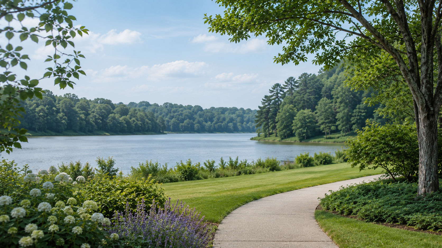 Peaceful lakeside memorial setting with landscaped walkway for cremation services in Tupelo, MS