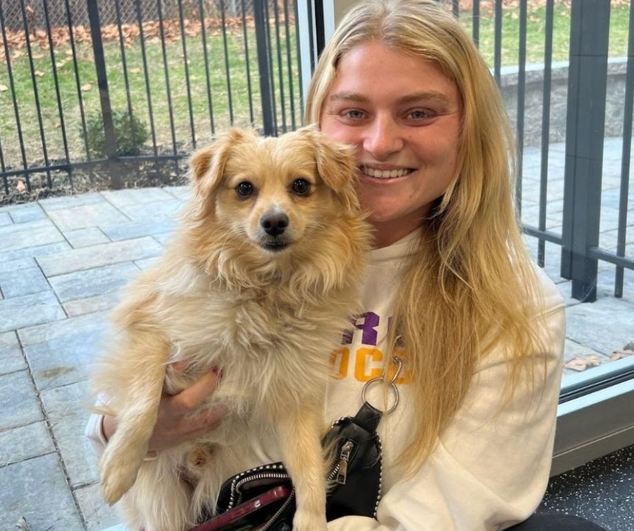 A woman is holding a small dog in her arms.