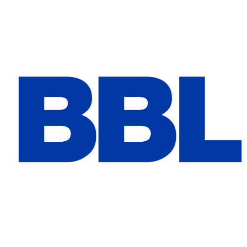 A blue bbl logo on a white background