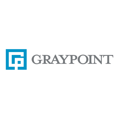 The logo for graypoint is a blue square with the word graypoint on it.