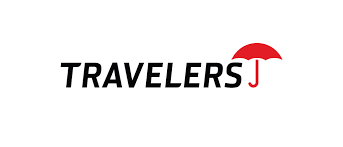Travelers Insurance logo: Black text with a red umbrella icon.