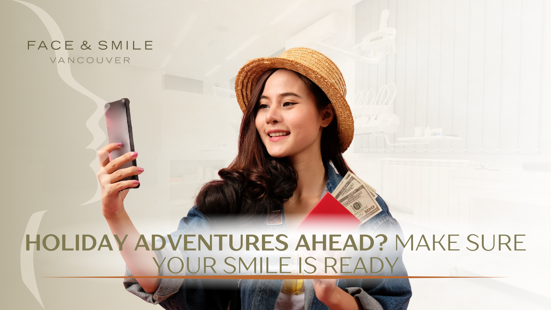 Woman taking a selfie, wearing a hat and jacket. Text: