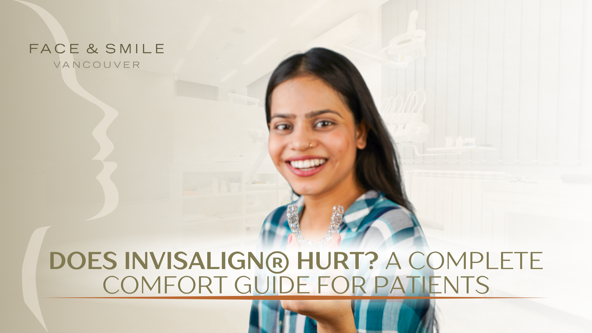 Smiling woman with Invisalign ad: text 