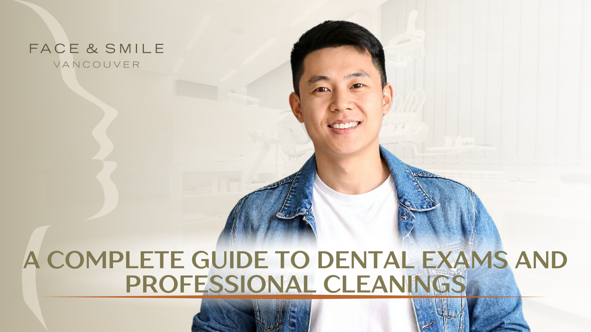 Smiling Asian man in denim jacket; dental guide cover.