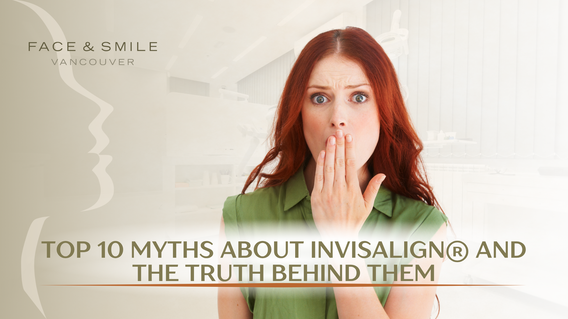 Woman with surprised expression covering mouth; text overlays: 