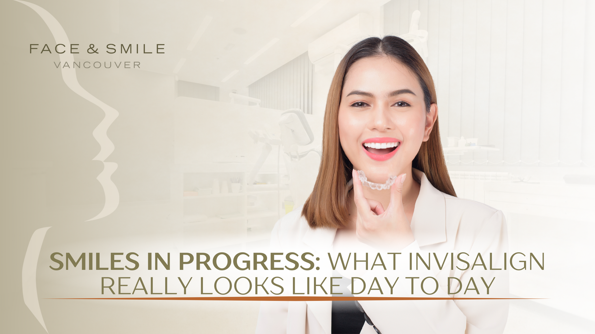 A woman is smiling while wearing an invisalign device.