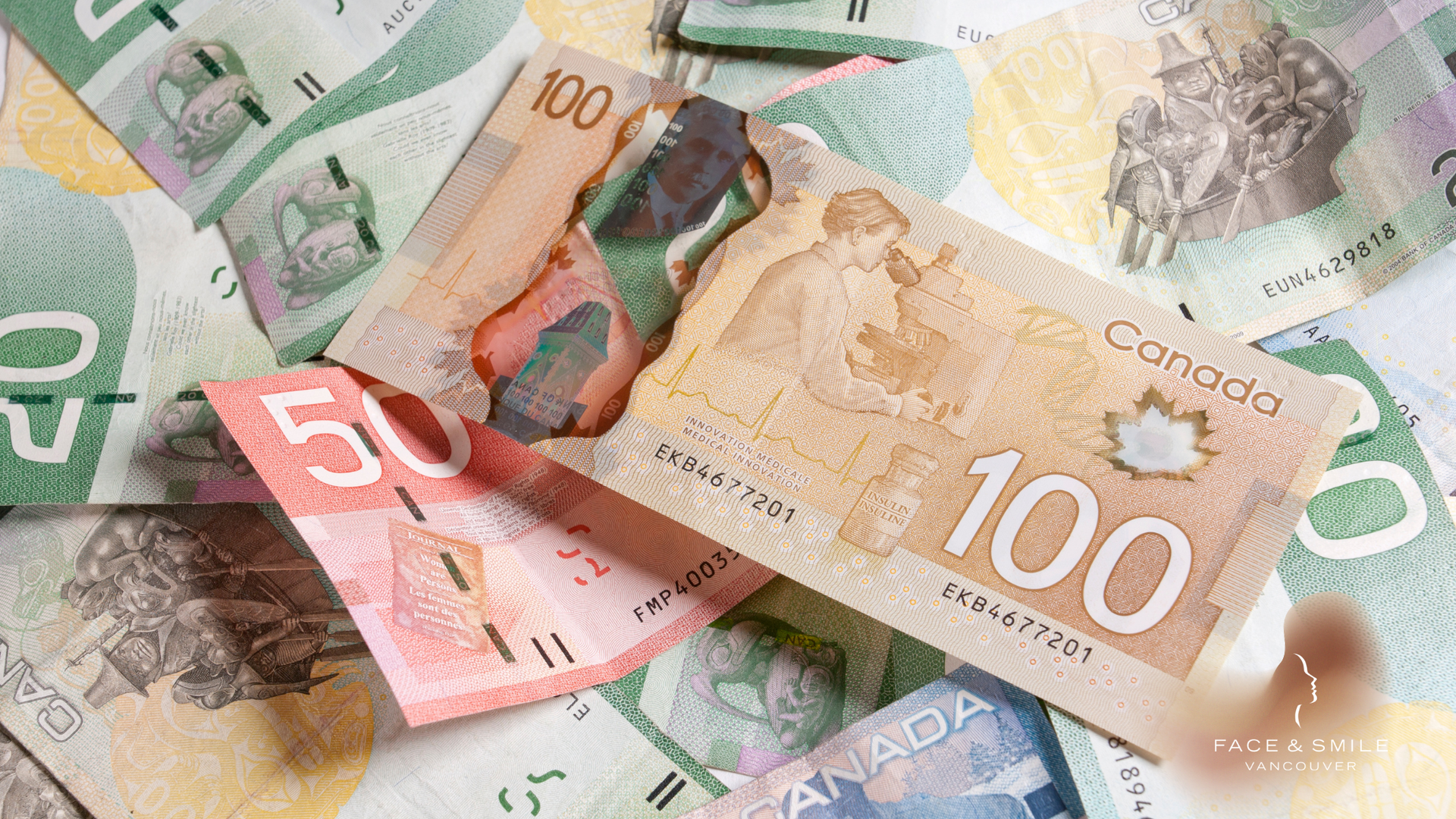 Canadian currency scattered. Includes $50 and $100 bills.