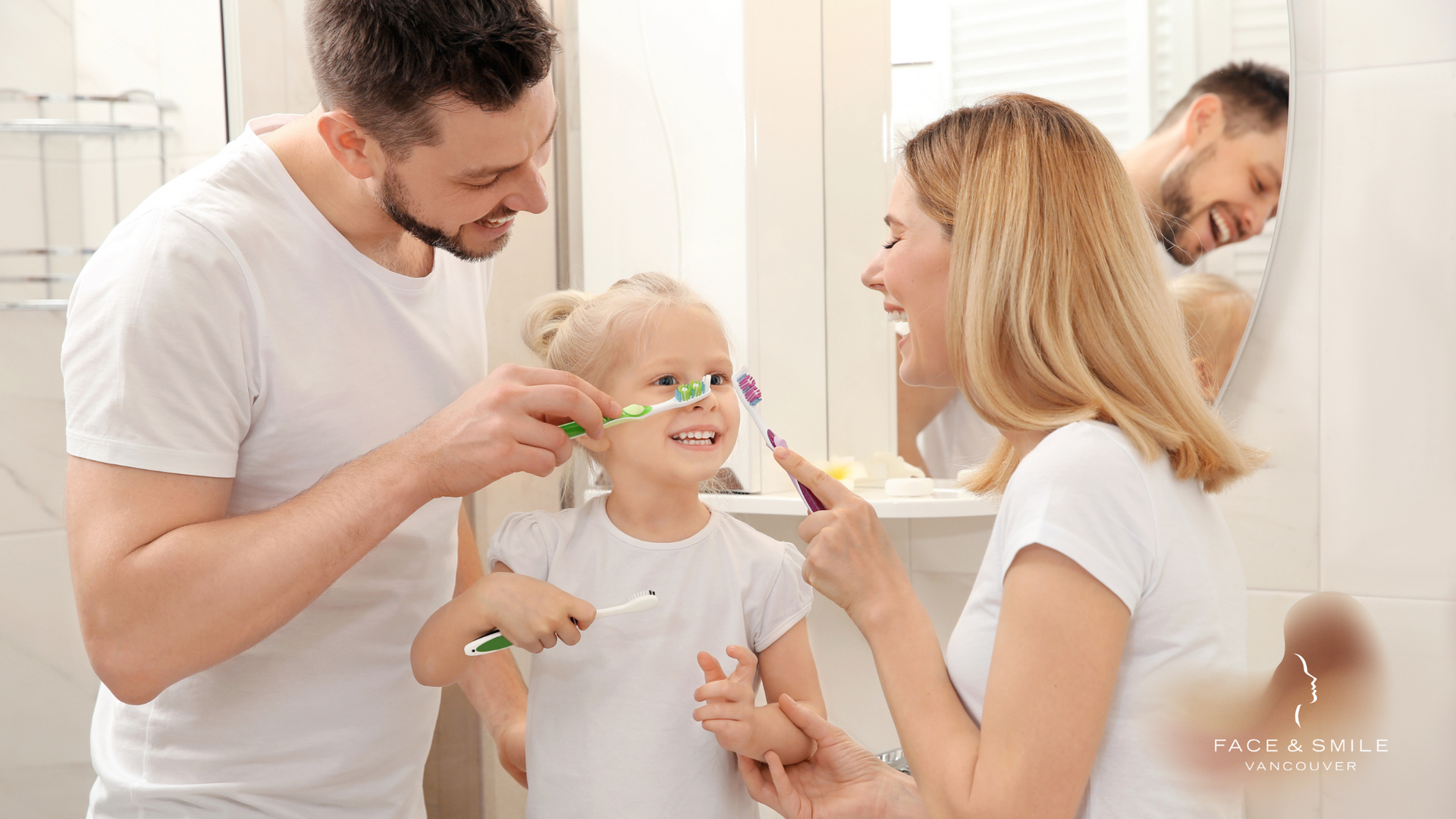 A family is brushing their teeth together in the bathroom.