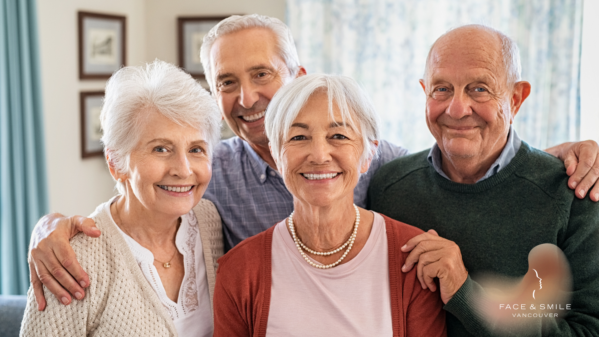 A group of elderly people are posing for a picture together in a living room.