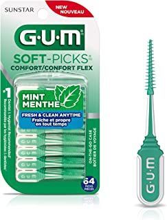 A package of gum soft picks comfort comfort flex mint menthe toothbrushes.
