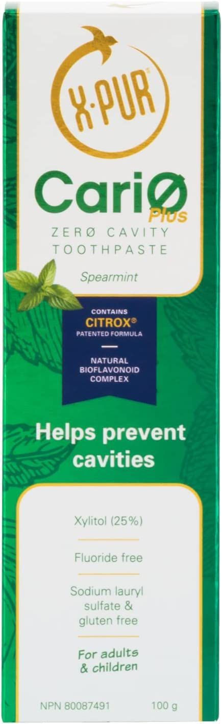 A box of x-pur cario toothpaste that helps prevent cavities.