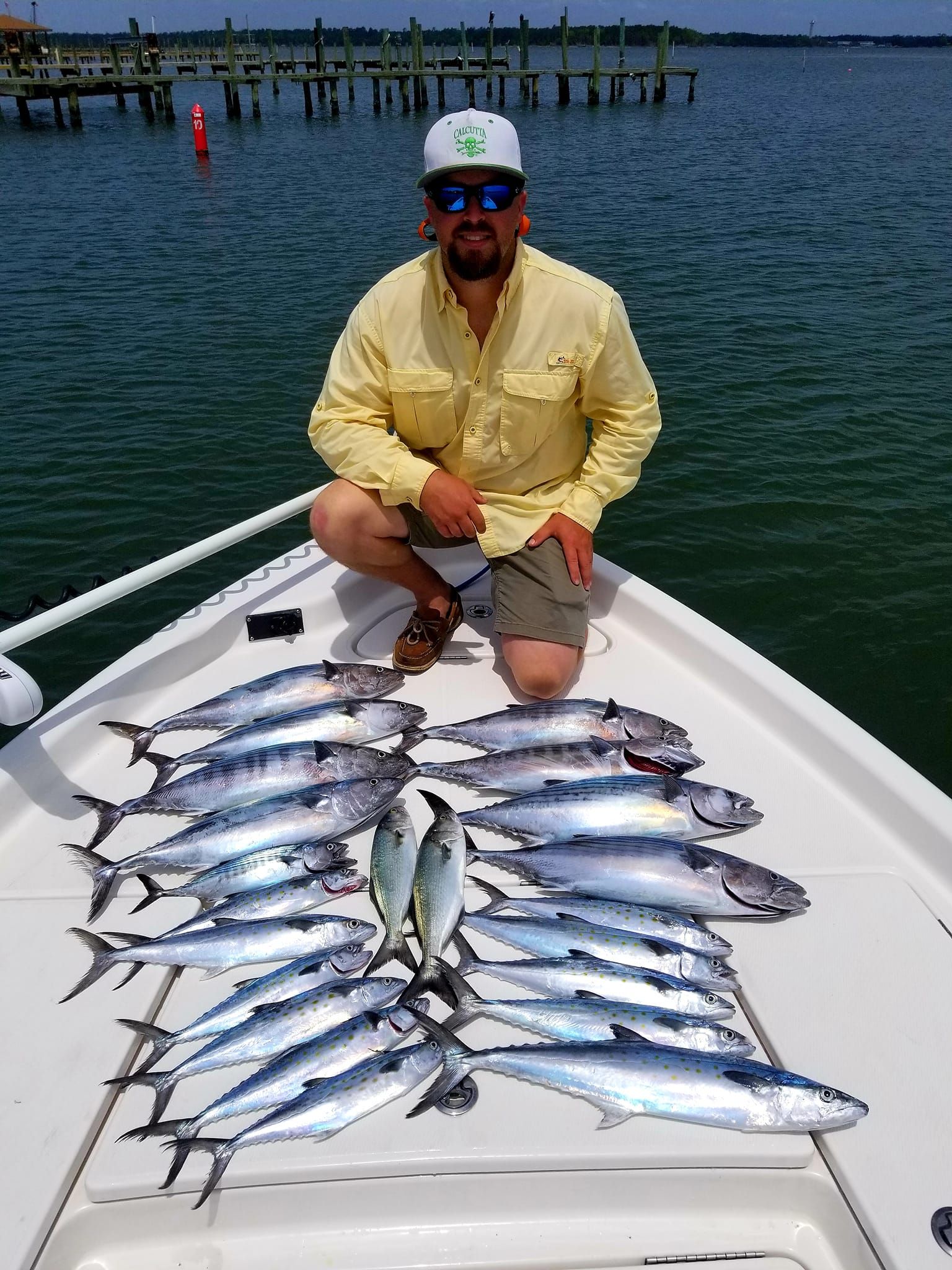Man kneels on boat surrounded by many fish. Pier and water in the background. Sunny day.