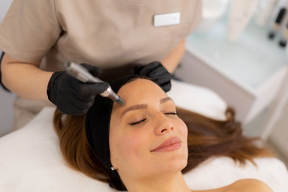 Woman receiving a microdermabrasion facial at a spa. Technician wearing gloves.