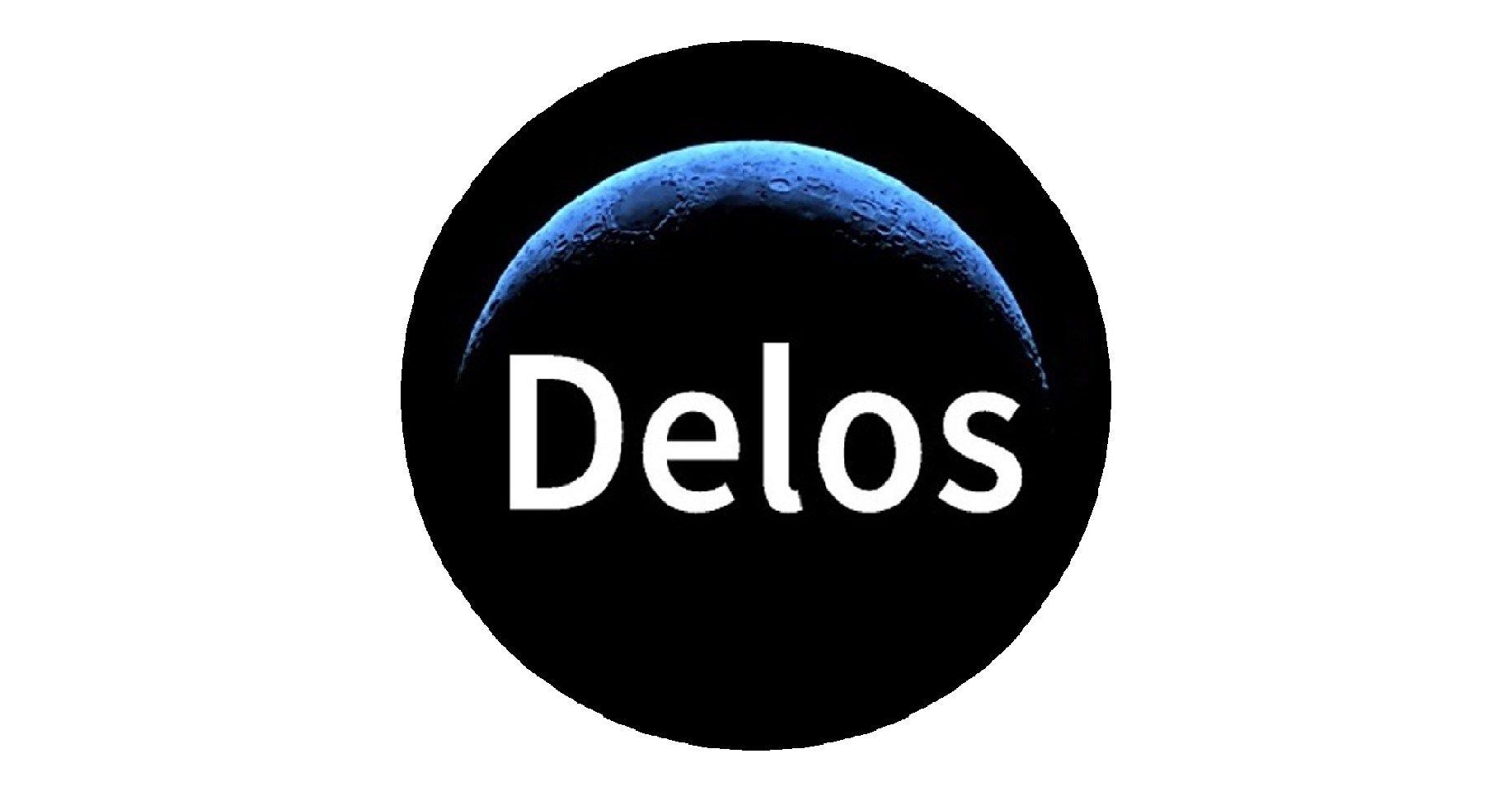 Delos logo: white text on a black circle with a blue arc above it.
